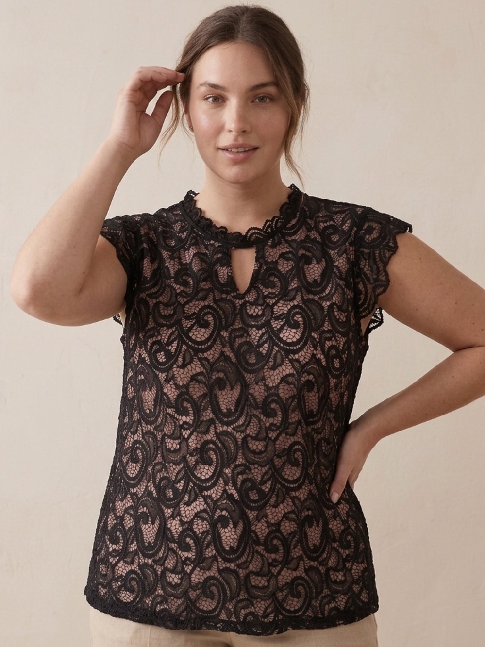 PerSeption Concept Black Lace Overlay Top with Blush Lining